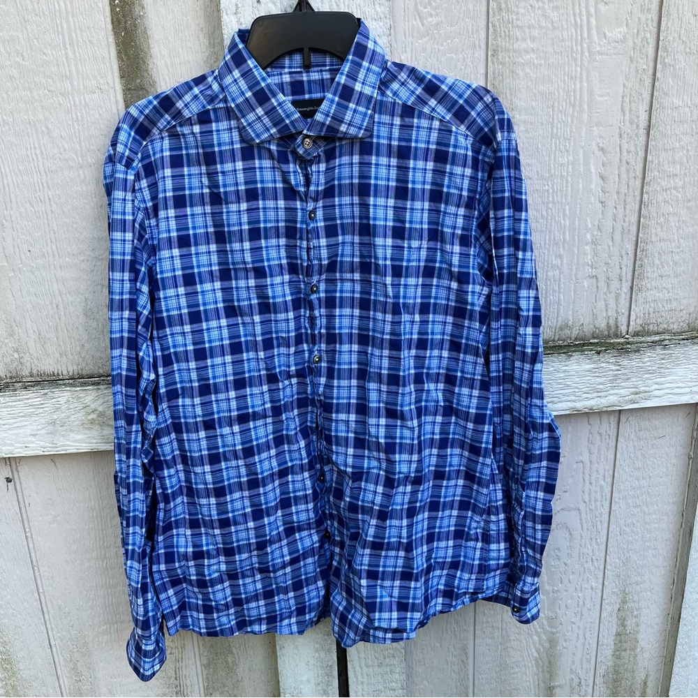 RECENT! Ermenegildo Zegna L/S Shirt XL Blue Plaid THIN Lightweight Fabric Cotton